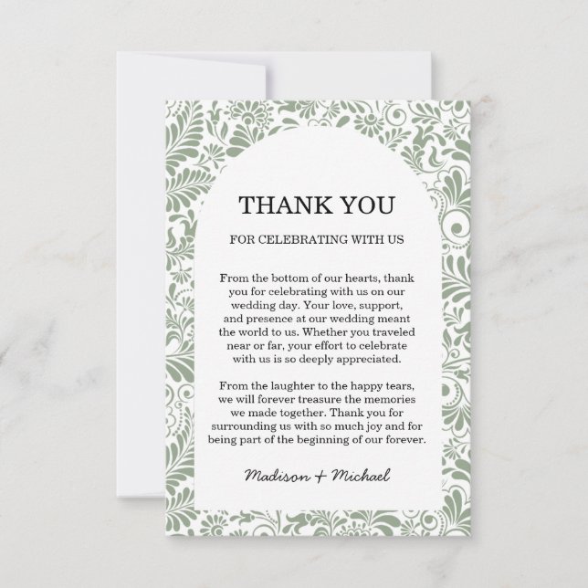 Carte De Remerciements Élégant Mariage Floral Ornate Sage Vert (Devant)