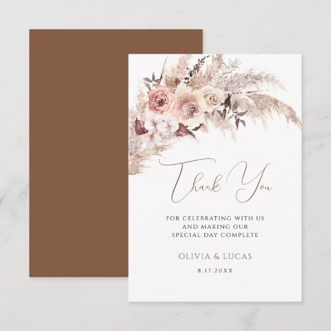Carte De Remerciements Élégant Mariage Floral Pampas Boho Terracotta (Devant / Derrière)