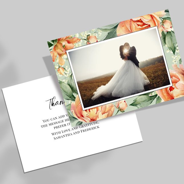 Carte De Remerciements Élégant Mariage floral Peach Photo (Créateur téléchargé)