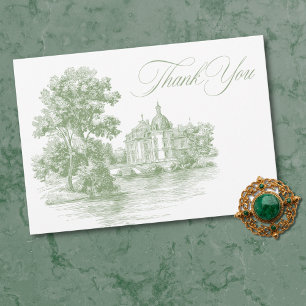 Carte De Remerciements Élégant mariage manoir français toile vert sauge