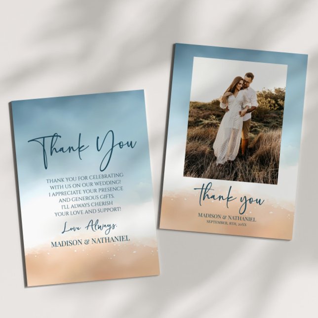 Carte De Remerciements Elégant Mariage Ocean Beach Shore Sand Picture (Créateur téléchargé)
