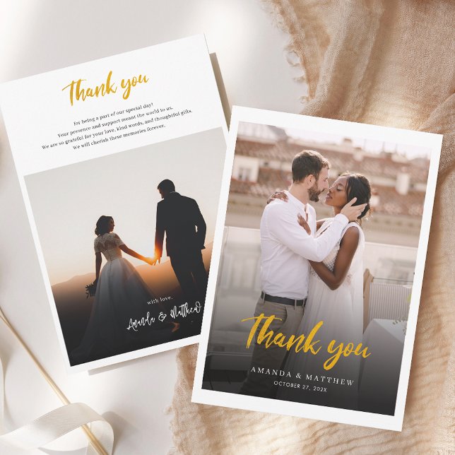 Carte De Remerciements Élégant Mariage photo à lettres mains (Modern 2 Photos Wedding Thank You Card)