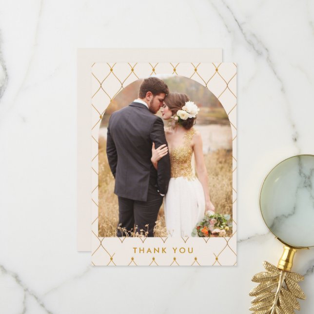 Carte De Remerciements Élégant Mariage photo Arc d'or ivoire (Devant/Arrière en situation)