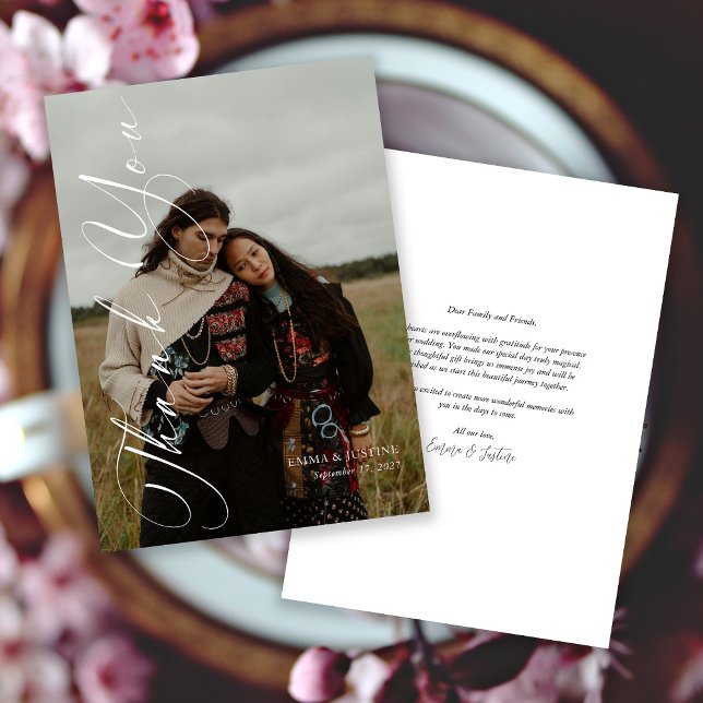 Carte De Remerciements Élégant Mariage photo de script vertical (Personalized Elegant Vertical Script Photo Wedding Thank You Card)