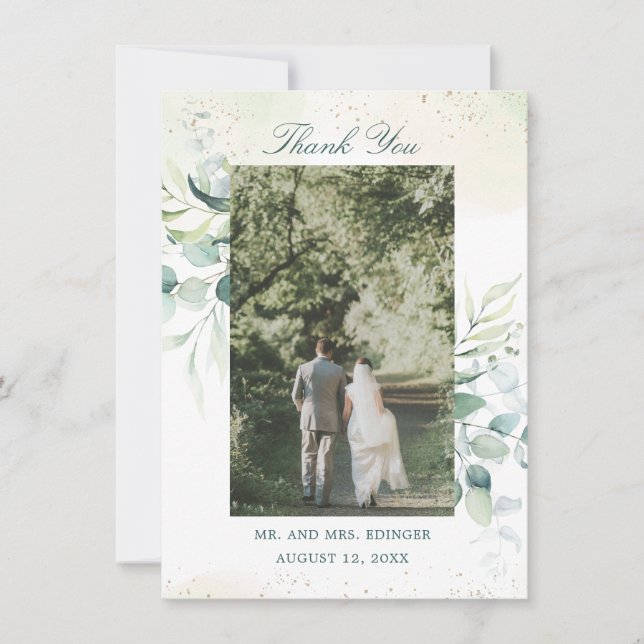Carte De Remerciements Élégant Mariage photo Eucalyptus verdure (Devant)
