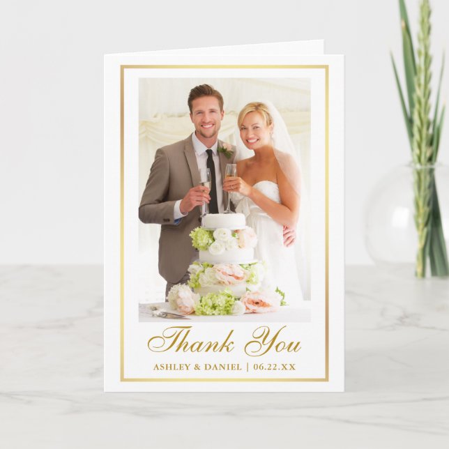 Carte De Remerciements Elégant Mariage Photo Gold Cadre Plier (Devant)
