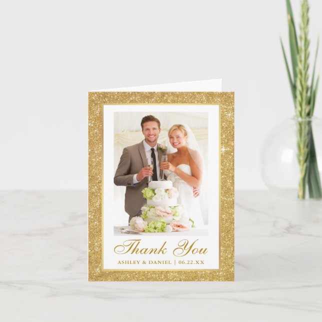 Carte De Remerciements Elégant mariage photo Gold Parties scintillant Cad (Devant)