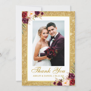 Carte De Remerciements Elégant mariage photo Parties scintillant or Bourg