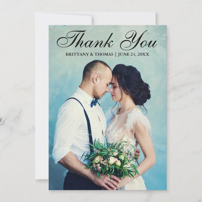 Carte De Remerciements Élégant Mariage Photo Script noir (Devant)