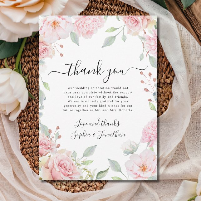 Carte De Remerciements Élégant Mariage rose Roses (Elegant Pink Roses Romantic Calligraphy Wedding Thank You Card)