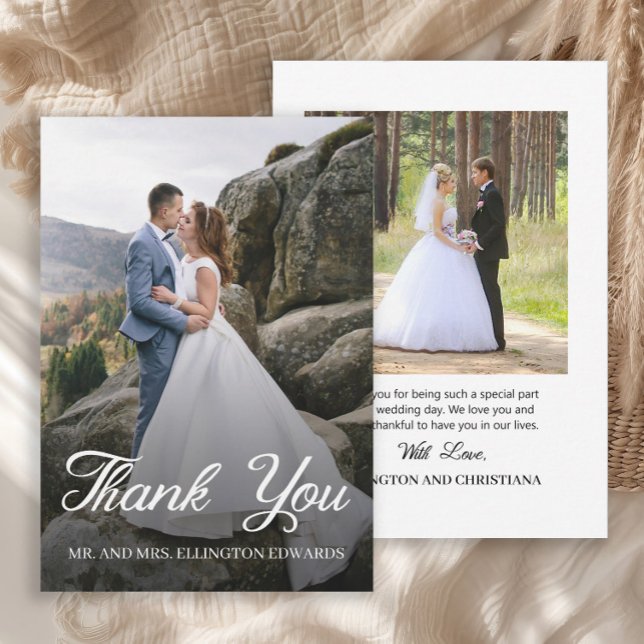 Carte De Remerciements Élégant Mariage Script Remerciements 2 Photo (Elegant script 2-photo (front and back) wedding Thank You card)