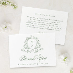 Carte De Remerciements Élégant Mariage Vert Sauge Floral Crest Monogramme