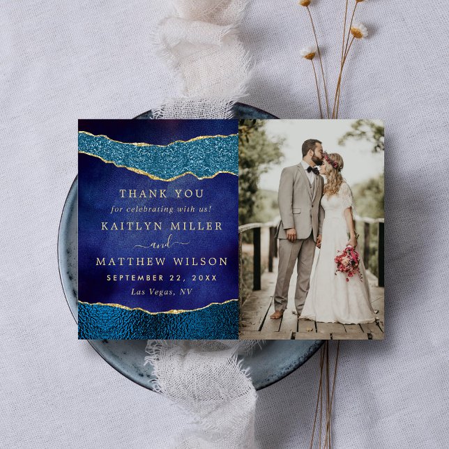 Carte De Remerciements Elégant Marine Blue & Gold Agate Mariage Photo (Créateur téléchargé)