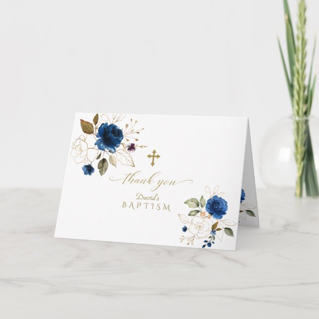 Carte De Remerciements Elégant Marine Blue Gold Floral Photo Boy Baptême (Devant)