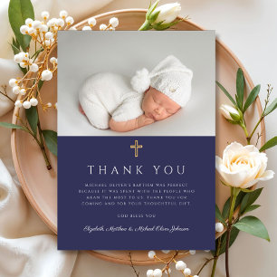 Carte De Remerciements Elégant Marine Croix Bleue Boy Baptism Photo