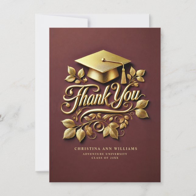 Carte De Remerciements Élégant Maroon Gold Casquette Leaf Graduation (Devant)