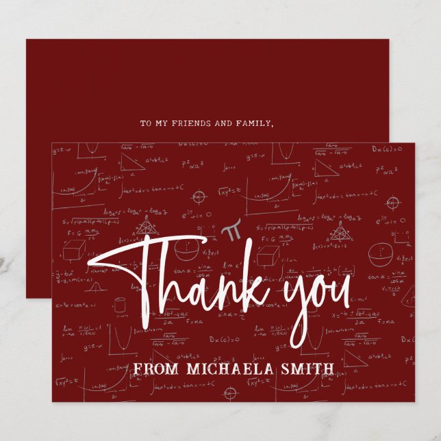 Carte De Remerciements Elegant Maroon Script Typography Math Graduation (Devant / Derrière)