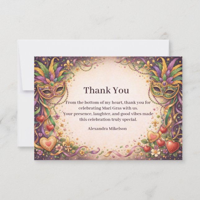 Carte De Remerciements Elegant Masquerade Hearts Mardi Gras (Devant)
