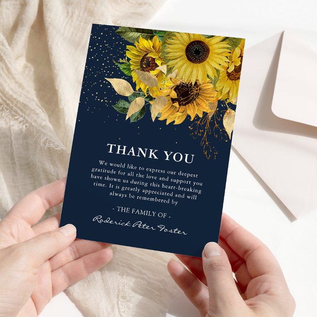 Carte De Remerciements Elégant Mémorial de Sympathie de Sunflower & Gold  (Créateur téléchargé)