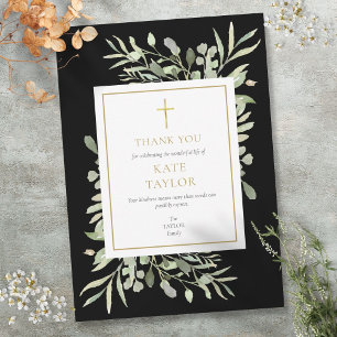 Carte De Remerciements Élégant Mémorial funéraire Gold Black Greenery