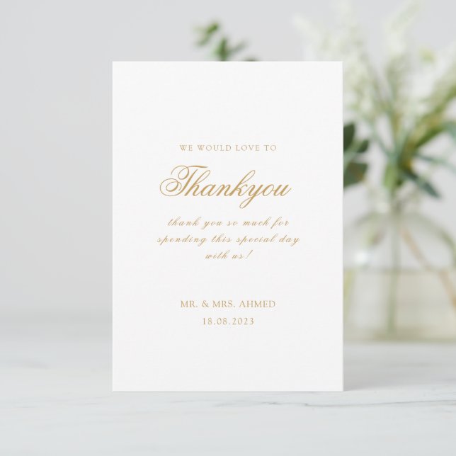 Carte De Remerciements Élégant minimal moderne blanc Script Mariage musul (Debout devant)