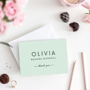 Carte De Remerciements Elegant Mint Green and Black Custom Monogram
