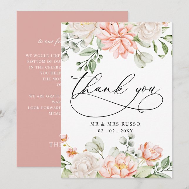 Carte De Remerciements Elegant Modern Botanical Blush Pink Floral Wedding (Devant / Derrière)