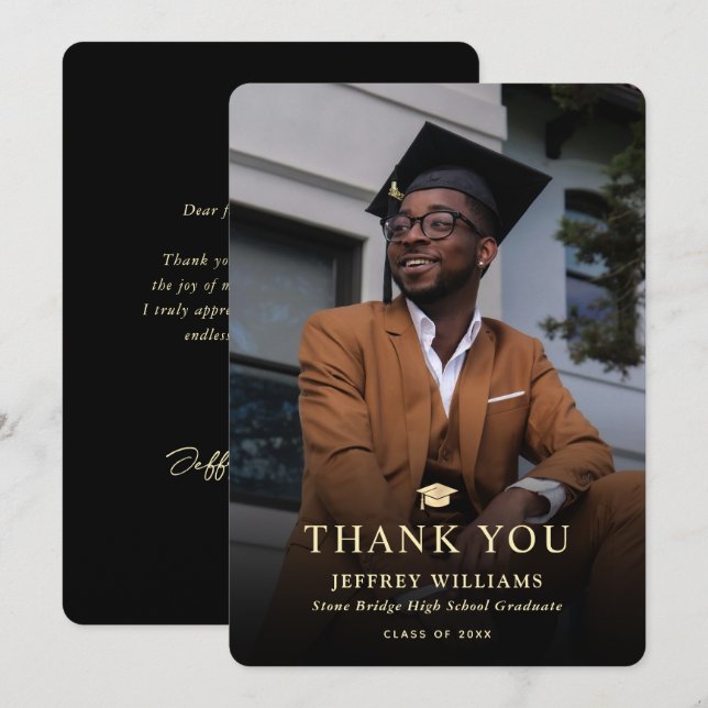 Carte De Remerciements Elégant moderne Black and Gold Photo Graduation (Devant / Derrière)