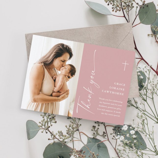 Carte De Remerciements Élégant moderne Script photo Baptême (Créateur téléchargé)