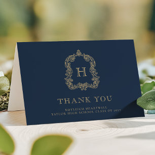 Carte De Remerciements Élégant Monogram Crest Marine Blue Gold Graduation