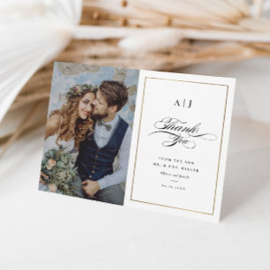 Carte De Remerciements Élégant Monogram Gold Photo Mariage