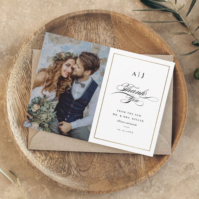 Carte De Remerciements Élégant Monogram Gold Photo Mariage (Créateur téléchargé)