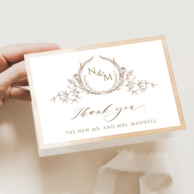 Carte De Remerciements Élégant Monogramme Beige, Mariage Aquarelle (Créateur téléchargé)