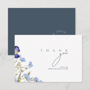 Carte De Remerciements Élégant Monogramme Fleur Sauvage Bleu Ardoise Mari