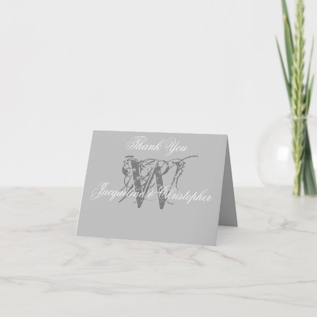 Carte De Remerciements Élégant Monogramme gris blanc Mariage plié (Devant)