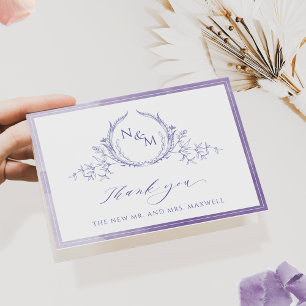 Carte De Remerciements Élégant Monogramme Lavande, Mariage Aquarelle