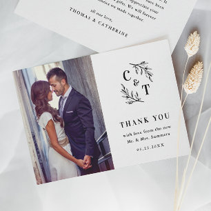 Carte De Remerciements Élégant Monogramme noir et blanc photo Mariage