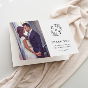 Carte De Remerciements Élégant Monogramme noir et blanc photo Mariage