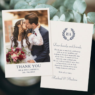 Carte De Remerciements Élégant Monogramme Photo Mariage bleu marine