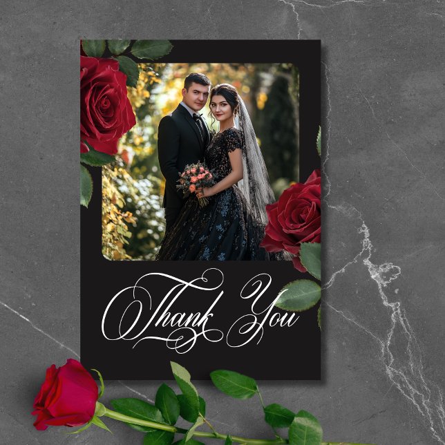 Carte De Remerciements Élégant Moody Blood Red Roses Floral Photo Mariage (Elegant Moody Blood Red Roses Floral Wedding Thank You Card)