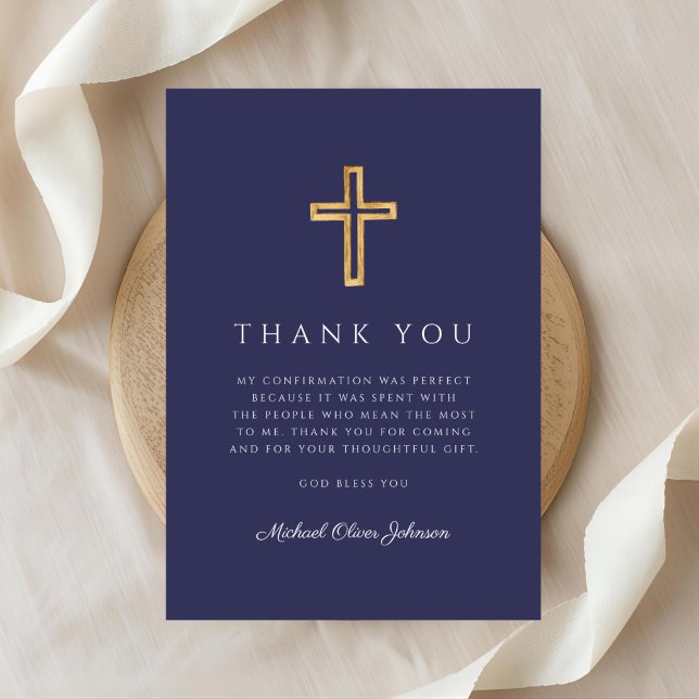 Carte De Remerciements Elegant Navy Blue Religious Cross Confirmation (Elegant Navy Blue Religious Cross Confirmation Thank You Card)