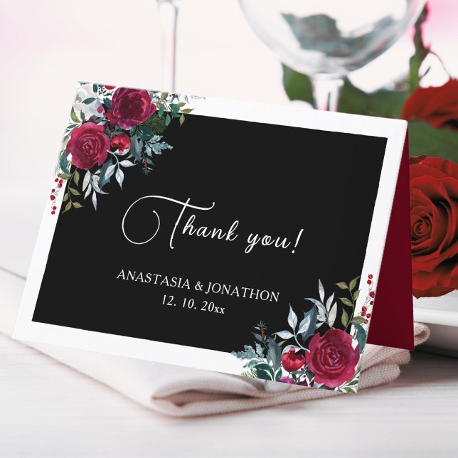 Carte De Remerciements Élégant Noël Floral Rose Mariage de vacances (Créateur téléchargé)