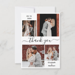 Carte De Remerciements Élégant noir blanc Script 4 Photo Collage Mariage