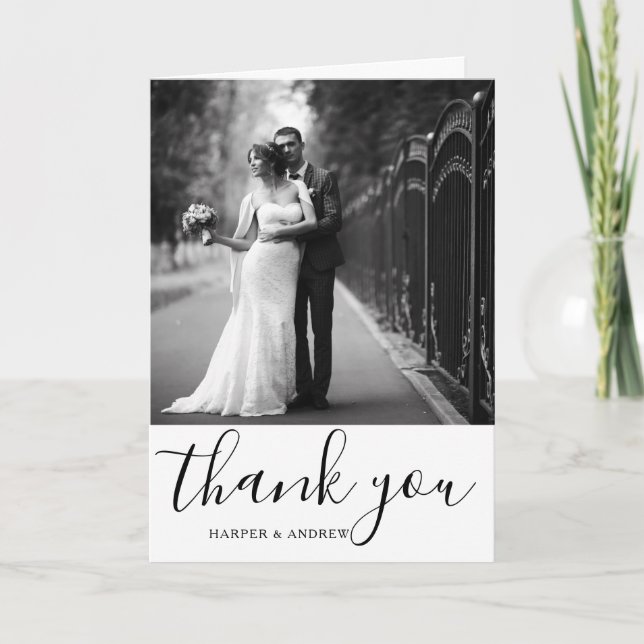 Carte De Remerciements Élégant noir et blanc Script Mariage photo (Devant)