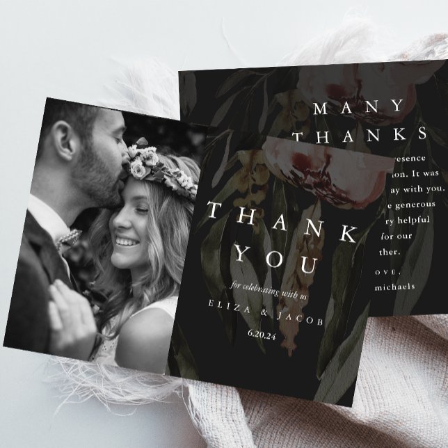 Carte De Remerciements Elégant noir floral Mariage photo (Créateur téléchargé)