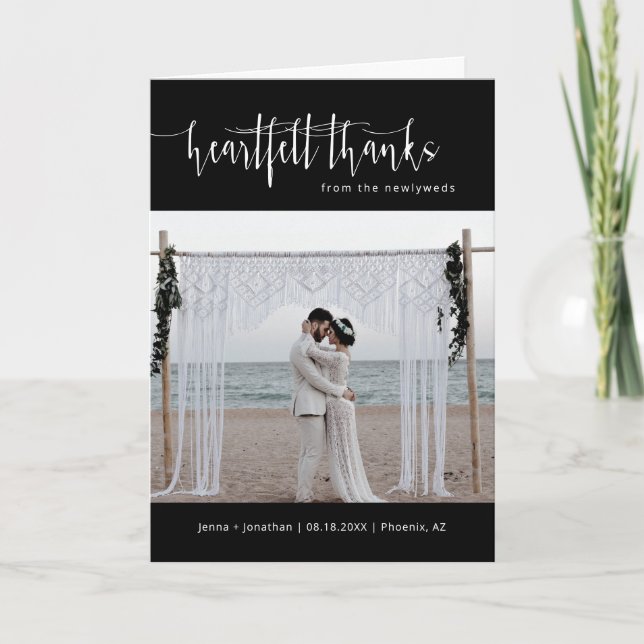 Carte De Remerciements Élégant noir minimal script Mariage photo plié (Devant)