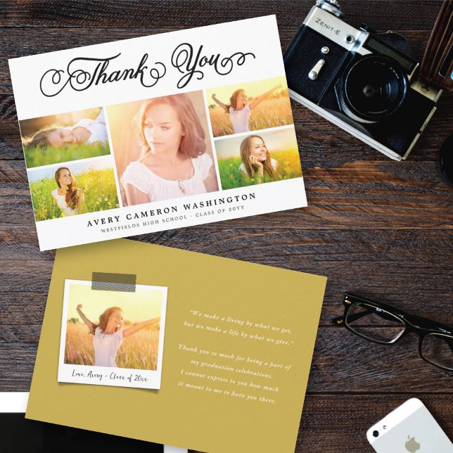 Carte De Remerciements Élégant noir Script Graduation 5 Photo Collage (Créateur téléchargé)