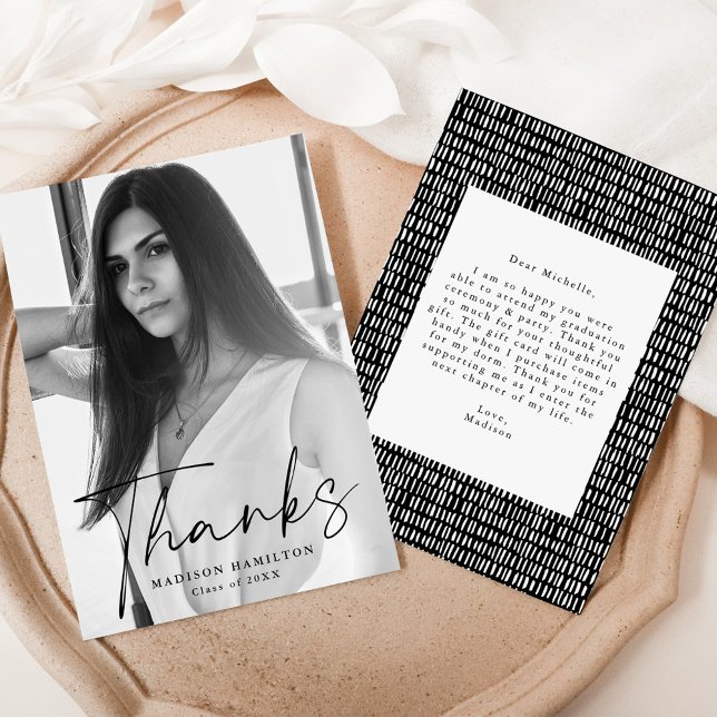 Carte De Remerciements Élégant noir script photo graduation (Créateur téléchargé)