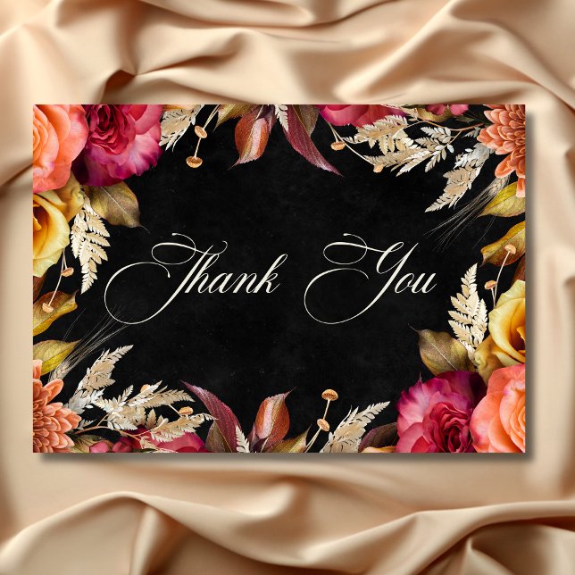 Carte De Remerciements Élégant noir Vibrant Boho Floral Script Mariage (Elegant Black Vibrant Boho Floral Script Wedding Thank You Card)
