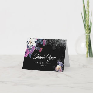 Carte De Remerciements Élégant noir violet gothique Mariage crâne floral